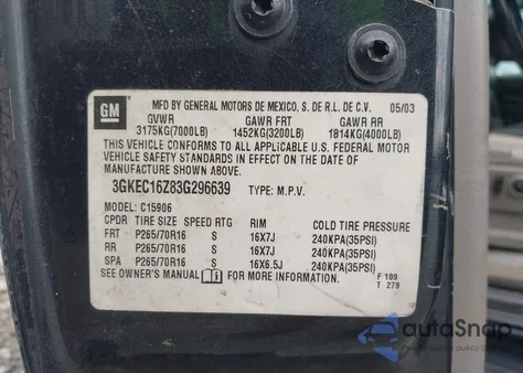 2003 GMC Yukon Xl 1500 Slt z USA, uszkodzony, nr VIN 3GKEC16Z83G296639